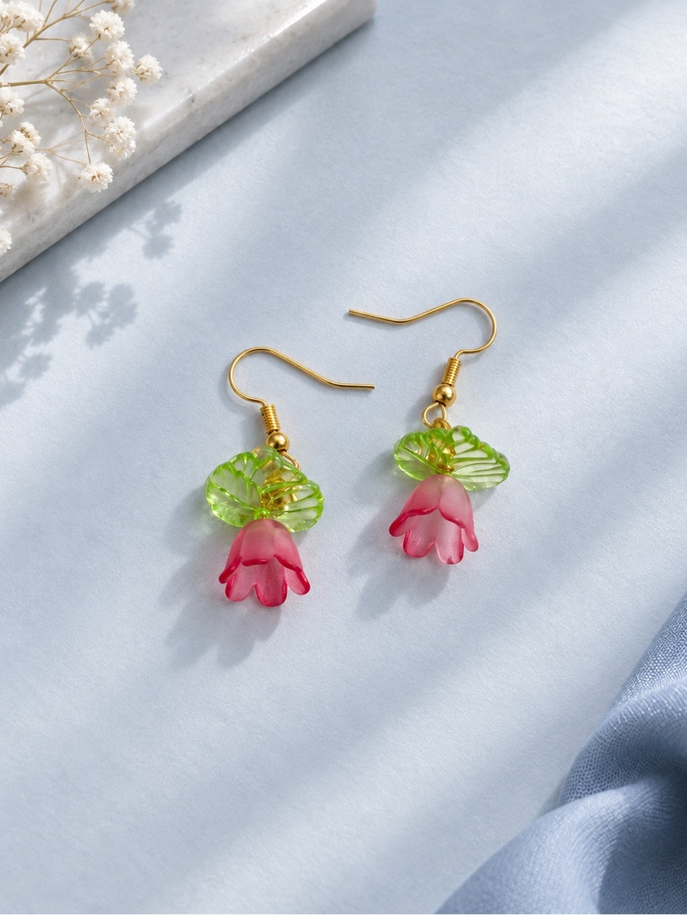 Gold Hook Pink Flower and Green Leaf Drop Earrings
